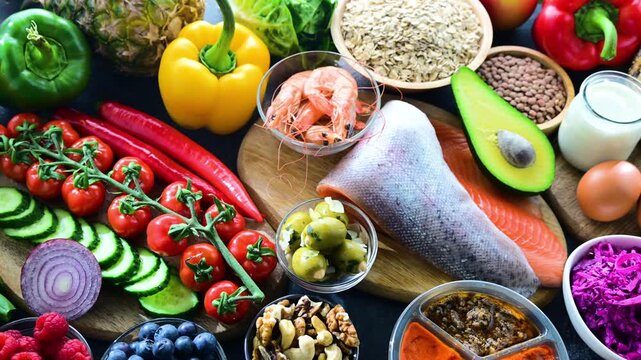 Food products representing balanced diet.
