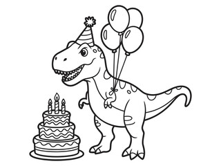 Birthday T Rex Dinosaur Coloring Page with Playful Celebration Design for Children and Preschool Learning © MDMILON 2