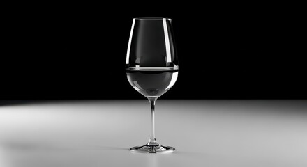Fototapeta premium Elegant clear glass filled with liquid on a clean reflective surface in monochrome studio lighting