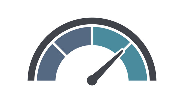 Minimalist vector speedometer gauge icon with needle on a white background