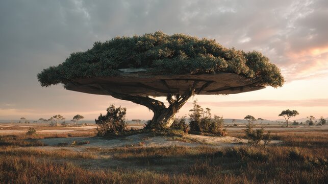 Surreal flat-canopy tree on a grassy plain. AI generated image