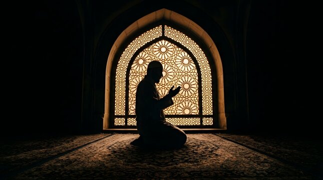 Silhouette of muslim man kneeling and praying inside mosque with glowing geometric window.