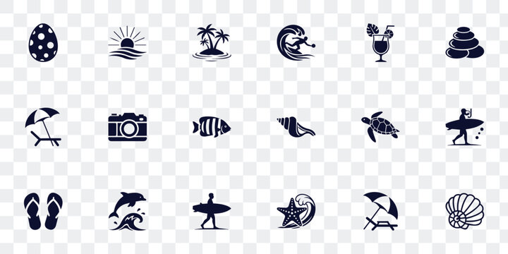 Summer Beach and Travel Vector Icon Set. Holiday Vacation, Ocean Life, Water Sports, Relaxation Glyphs Collection for Web, App Design Projects.