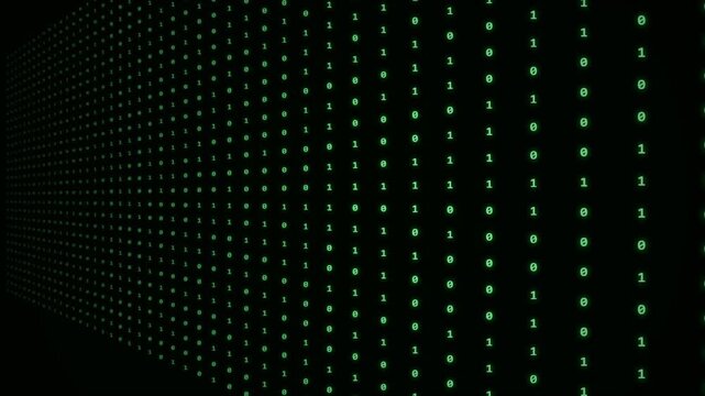 Scrolling Green Binary Code Stream with Digital Perspective on Black Background
