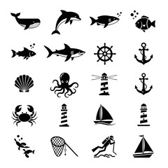 Obraz premium Black and white nautical and marine life icons set.