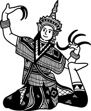 black and white illustration of Thai classical dance Nora