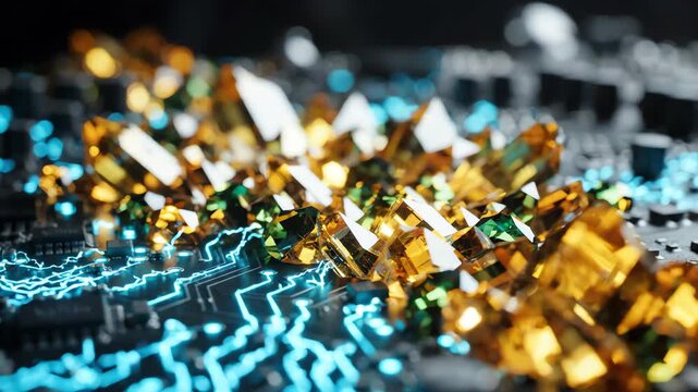 Cinematic close up of intricate glowing circuits and crystalline patterns moving in harmony to symbolize ethics and regulation in technology
