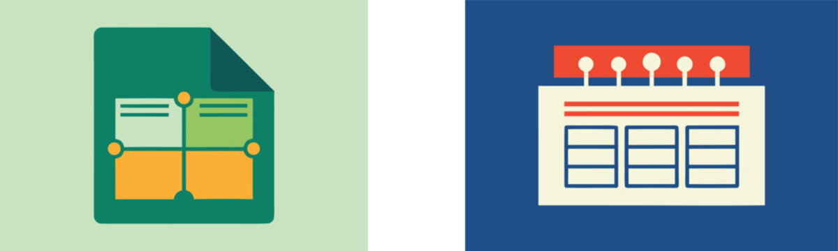 Flat featuring a green document with a four-quadrant grid and a white calendar with red header and blue grid on a white background