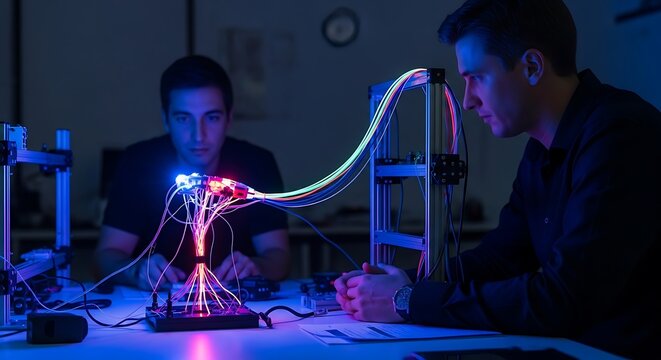Two men working with glowing electrical experiment.