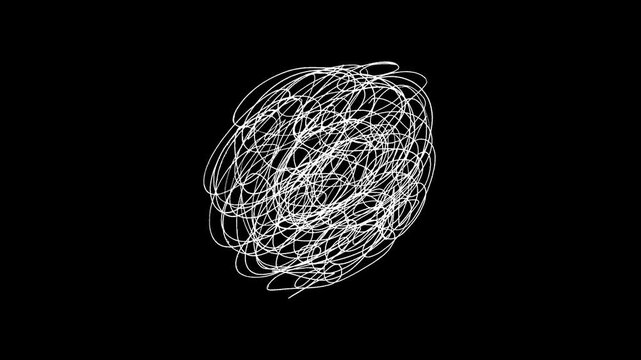 White scribble tangle animation, chaotic hand-drawn line art ball on black background,