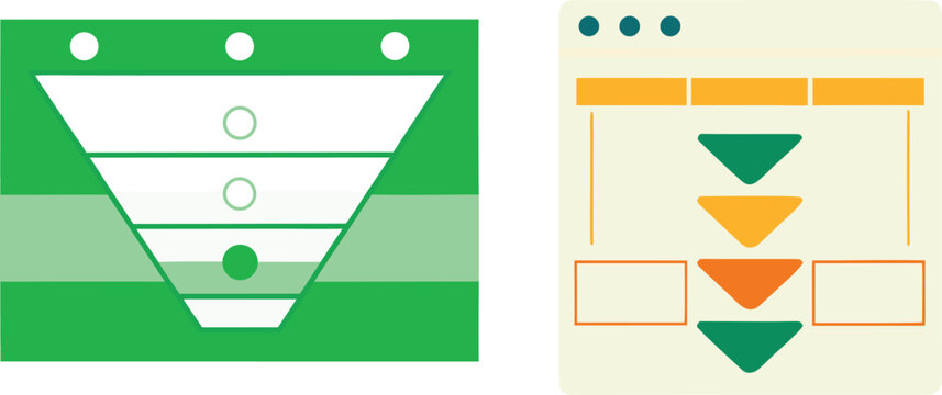 Two flat featuring a green sales funnel diagram and a web browser window with a hierarchical flow chart on a white background