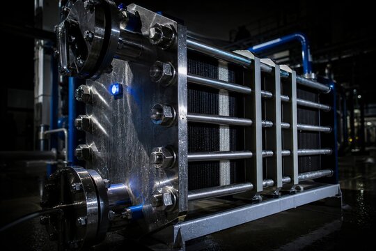 PEM hydrogen electrolyzer stack close up in a dark industrial plant