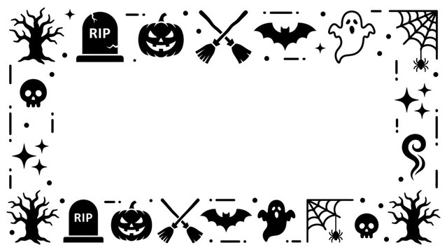 Halloween border vector frame with spooky icons of pumpkin skull ghost bat and tombstone for party invitation background
