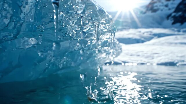 Cinematic slow motion close up of crystal clear water droplets dripping from a melting ancient glacier ice shelf in the sun