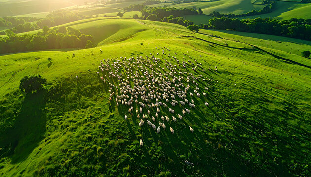 A flock of sheep scattered across a wide green pasture, aerial drone photography background