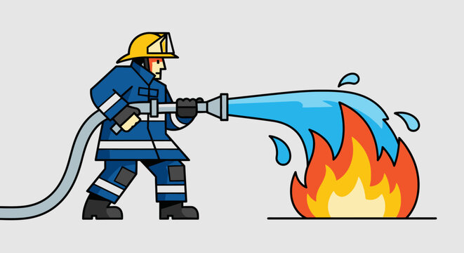 A brave firefighter in uniform spraying water from a hose to extinguish a burning fire.