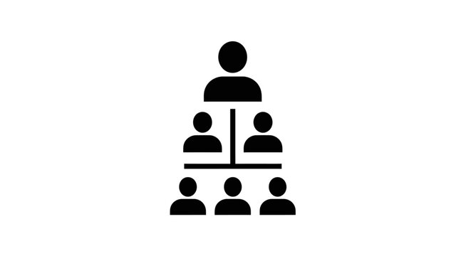 Black and white organizational chart icon representing corporate hierarchy and business management structure.