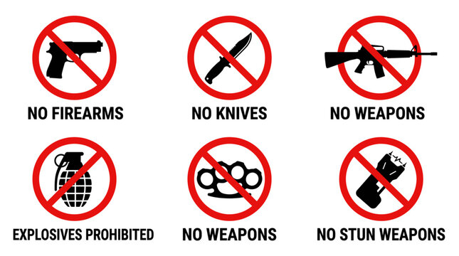 No Weapons Zone Prohibition Icons Set &ndash; No Firearms, No Knives, No Weapons, Explosives Prohibited, Brass Knuckles, No Stun Weapons Red Circle Ban Symbol Vector
