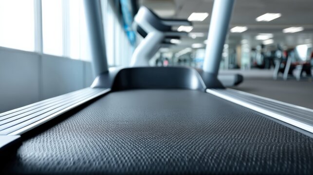 Close-up view of a modern gym treadmill belt with bright, clean exercise equipment in the background