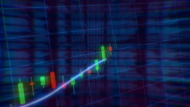 Abstract financial candlestick chart with a glowing blue trend line overlaid on digital grid and stock market numerical background.