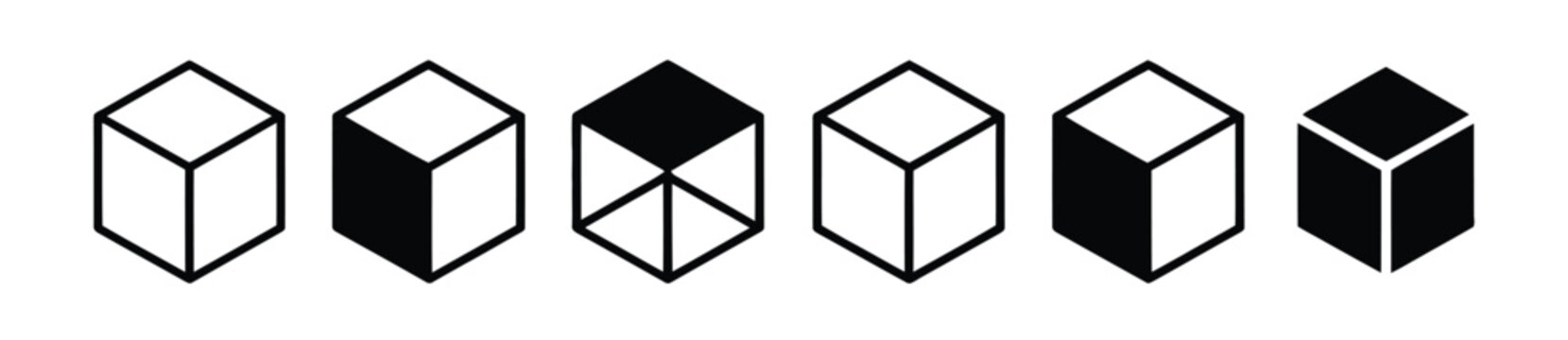 set of cubes vector icons, black simple cube pictogram, 3D box graphic concept, geometric shape and packaging symbol, clean minimal vector illustration.