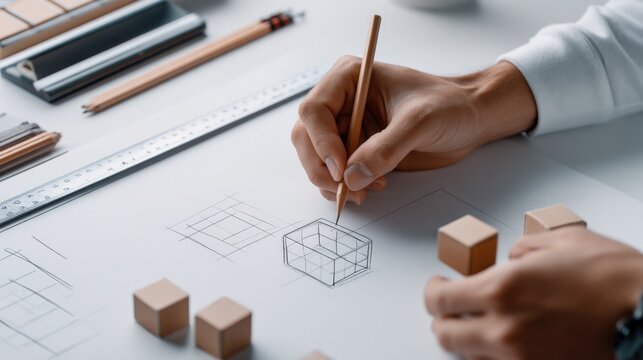 Hands sketching 3D box design on blueprint paper with ruler and wooden blocks on desk