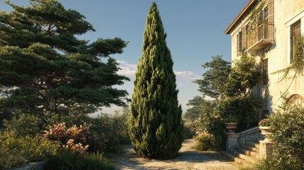 Fototapeta premium Garden pathway with a tall cypress tree. AI generated image