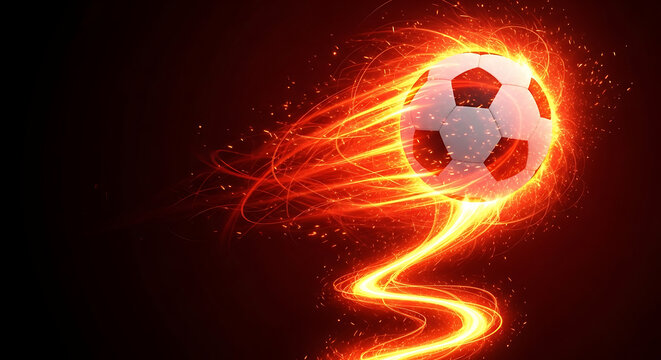 Burning soccer ball flying with fire trail on black background football explosive competition background intensity