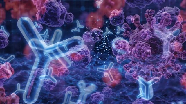 Abstract 3D animation of molecular structures and antibodies interlocking to represent immune system defense and pandemic preparedness