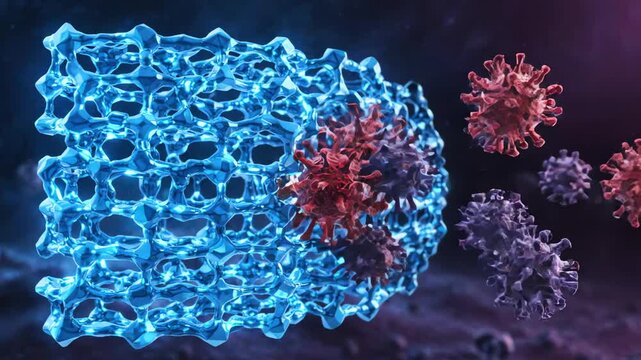 Abstract 3D motion graphics showing molecular vaccine structures bonding to form a protective biological barrier against pathogens