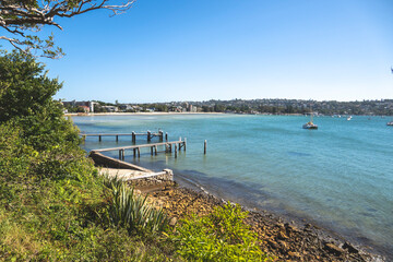 Fototapeta premium Hermitage Foreshore Walk, Sydney’s 80km Bondi to Manly coastal walk. An elevated view from a grassy, plant-lined hillside looks out over a calm bay featuring wooden piers extending into the water. The