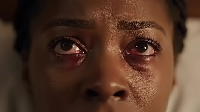 Woman crying and looking around nervously.