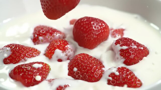 Strawberries falling into cream slow motion macro loop, glossy red strawberries splashing into white cream, vivid summer fruit footage for dessert food brand seasonal feast video content.
