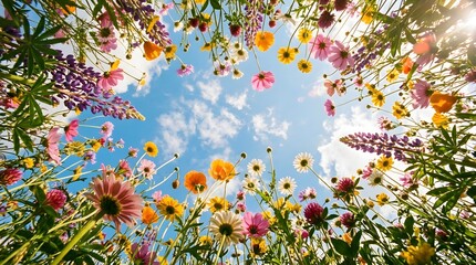Low angle view of colorful wildflowers blooming under a bright blue sky with sunlight © Ratu