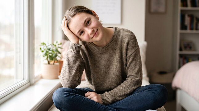 Teenage Girl Relieving Neck Tension After Waking Up
