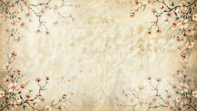 Vintage floral background with pink cherry blossom on aged textured paper
