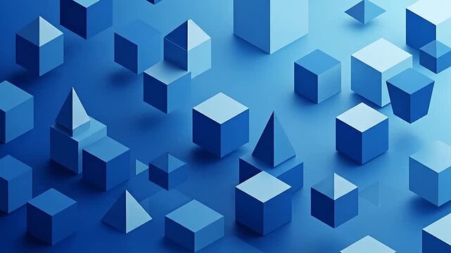 A collection of floating blue geometric shapes arranged in a modern abstract pattern