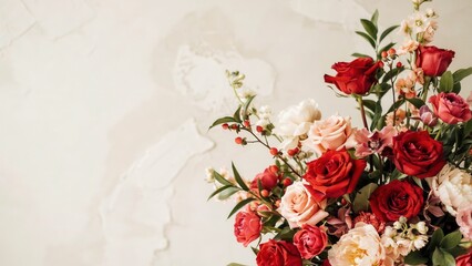 Fototapeta premium Beautiful bouquet of red and pink roses against a neutral textured wall