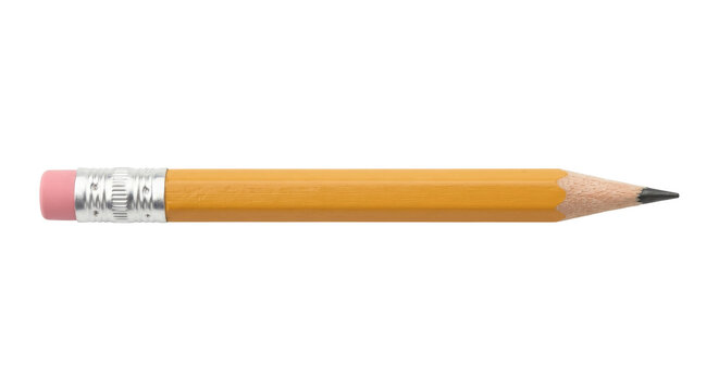Sharpened yellow pencil with pink eraser and silver ferrule isolated on white background