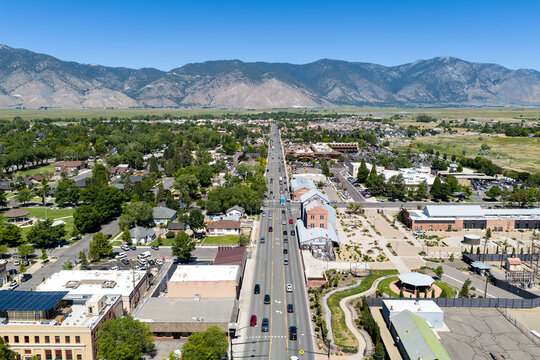 Minden / Gardnerville Nevada - Aerial Shot of downtown area facing North towards Sierra Nevada's 