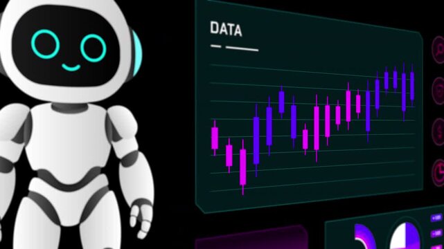 Angled perspective view of an active digital information screen featuring a 3D robot loop background.