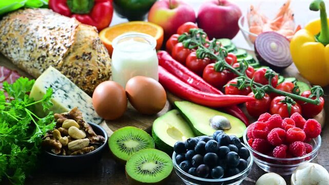 Food products representing balanced diet.