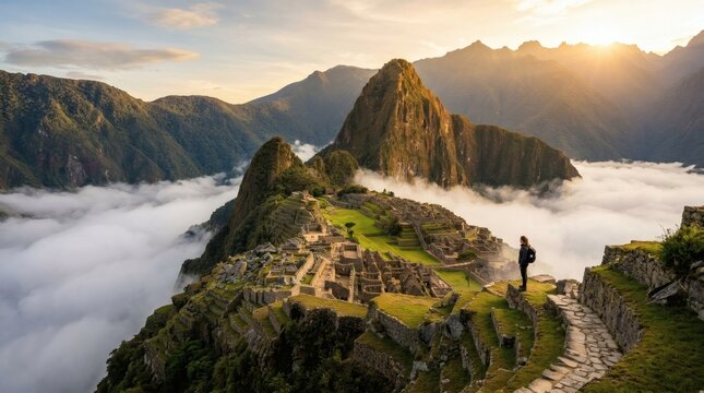 Ancient Machu Picchu ruins surrounded by mist and mountains.