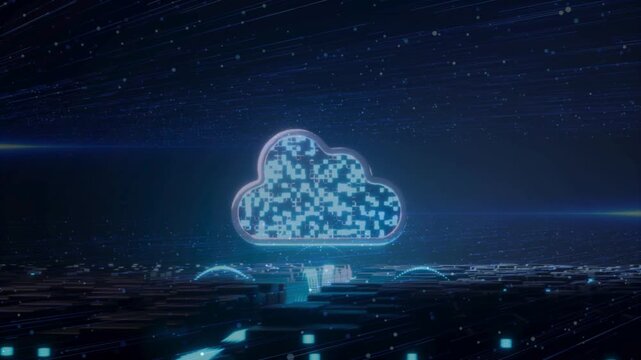 3D digital cloud icon made of glowing blue blocks floating above a futuristic grid floor. Concept of futuristic cloud computing and modern data storage.
