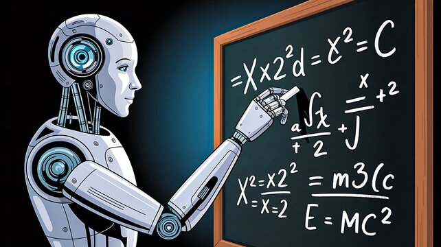 Humanoid robot solving mathematical equations on classroom blackboard with artificial intelligence concept