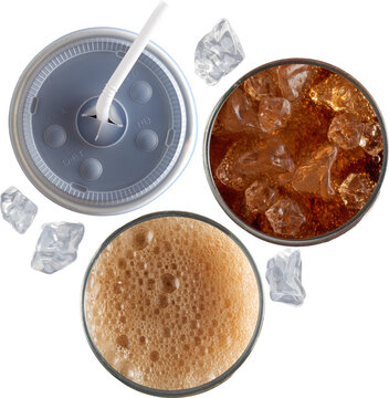 Cola drinks with ice and foam top view isolated on transparent background