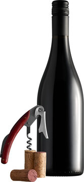 Dark glass wine bottle with corkscrew and corks isolated on transparent background