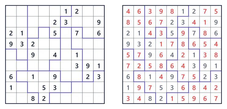 Hard Jigsaw Sudoku game template with solution for worksheet