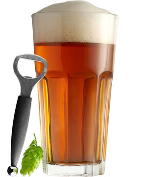 Amber beer glass with foam bottle opener and hop isolated on transparent background