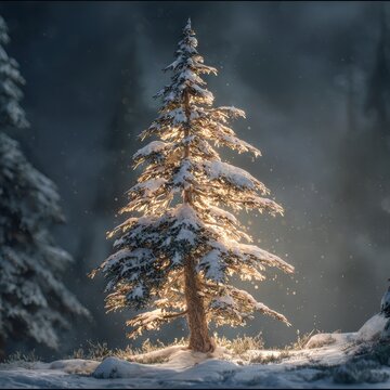 Snow covered spruce tree in a winter forest. AI generated image